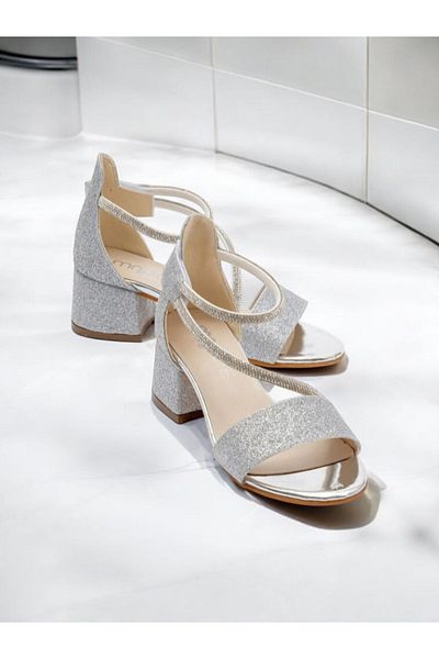 pediashoes Girl's Silver Color Velvet Stone Comfortable Heelled Evening Shoes