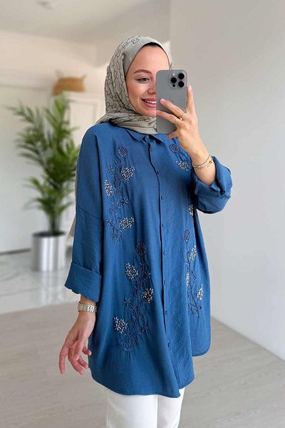 Ka Hijab Πουκάμισο Indigo Royal Bead Embroidery
