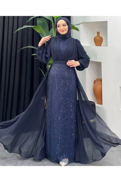 GÜZELLER Balık Model Pelerinli Şifon Boncuk İşlemeli Söz İsteme Nişan Nikah Elbisesi Abiyesi