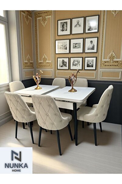 NUNKA HOME 6 Kişilik Kelebek Açılır Yemek Masası Takımı Krem Baybface Kumaş Sandalye Modern Şık Tasarım