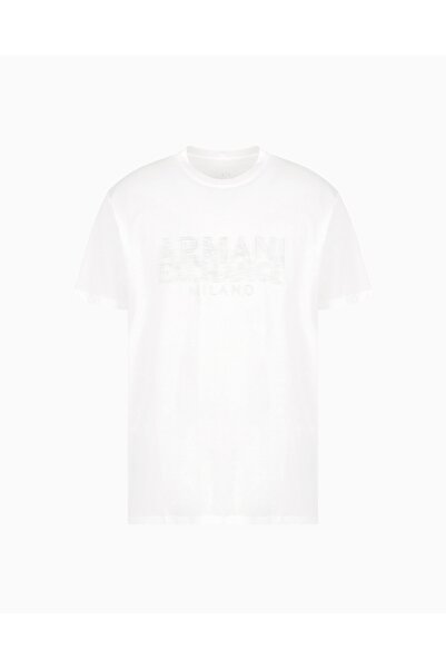 Armani Exchange Ανδρικό μπλουζάκι ποδηλασίας με κοντό μανίκι Armani μεγάλο γραπτό βαμβακερό λευκό XM000326 AF10364-U0009