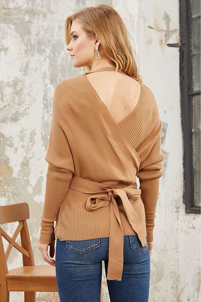 AQE FASHION Μπλούζα πουλόβερ Camel με μακριές ραβδώσεις με διπλό στήθος με μανίκια νυχτερίδας