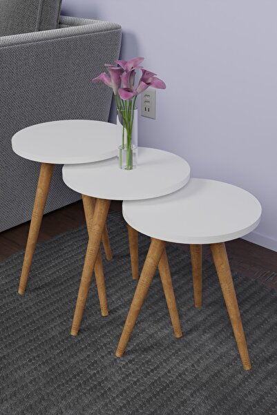 FurnatureDesign 3'lü Konik Ayak Zigon Sehpa Set Yan Sehpa Oturma Odası Sehpası