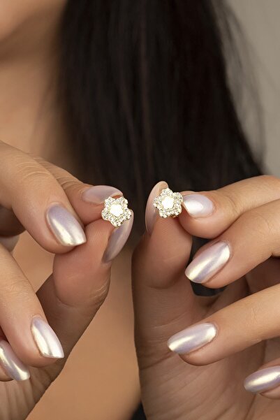 SAKLI TAKI 925 Ayar Gold Zirkon Taşlı Çiçek Gümüş Küpe