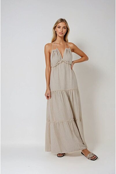 FABB Beige Halter Ruffle Dress