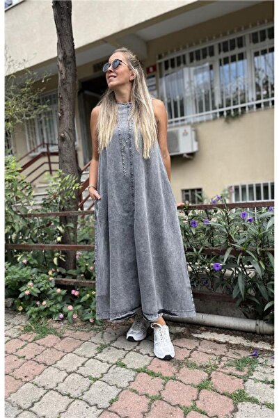 AYSL BUTİK Fermuar Detaylı Denim Elbise