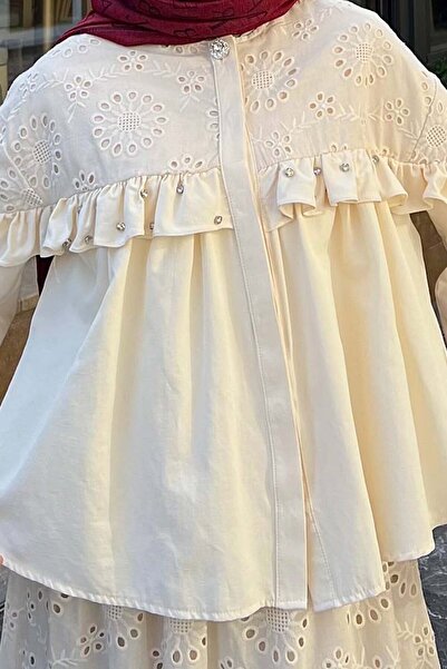 benguen Stone Detailed Embroidery Skirt Suit Cream 3007