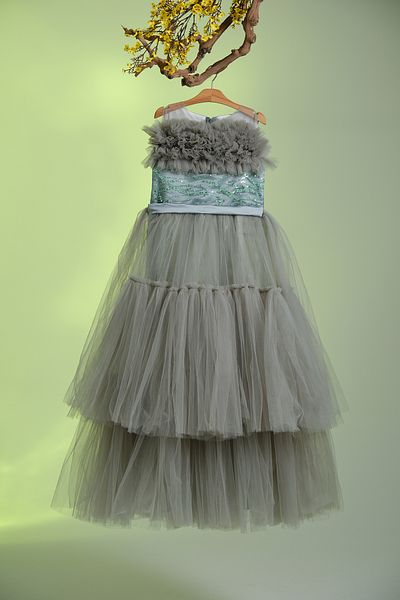 Pina Kids Girl's Evening Dress with Stone Embroidered Waist and Tulle Embellishment on the Chest Aby.2303