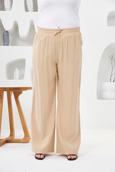 RMG Plus Size Elastic Waist Leg and Cream Trousers