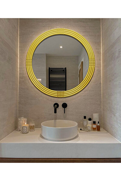 MONTESEV Led'li Işıklı Safir Ahşap Gold Dekoratif Ayna Yuvarlak Ayna Işlemeli Duvar Aynası Tekli - 56 Cm