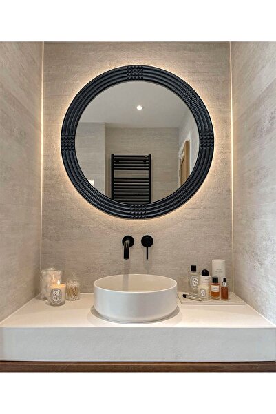 MONTESEV Led'li Işıklı Safir Ahşap Siyah Dekoratif Ayna Yuvarlak Ayna Işlemeli Duvar Aynası Tekli - 56 Cm