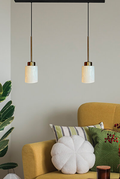 Bamyum Tiny Beyaz Cam İkili Avize İnce Eskitme Başlık Retro Sarkıt Lamba Rest...