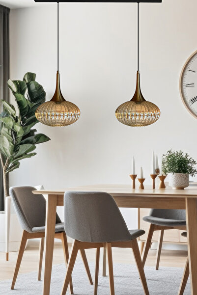 Bamyum Elegant Cam Bal Rengi İkili Avize Eskitme Külah Başlık Sarkıt Lamba Restoran Salon Aydınlatma