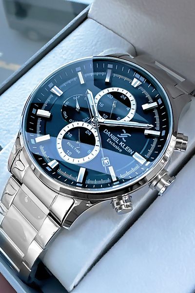 Daniel Klein Exclusive Men's Wristwatch 3 Atm Waterproof Silver Color Steel Strap + Natural Stone Bracelet Elg102