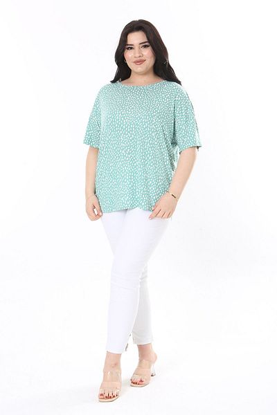 Şans Green Lycra Viscose Blouse - Plus Size, Crew Neck, Short Sleeve 65N38000
