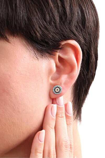 Silvano Jewelry 925 Ayar Gümüş Gold Zirkon Taşlı Nazar Küpe