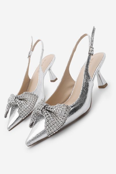 Marjin Pantofi stiletto de damă cu vârf ascuțit cu detaliu de piatră de culoare argintie