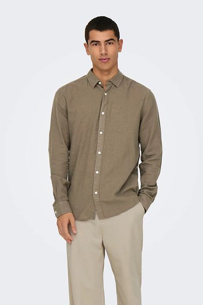 Only & Sons Ανδρικό λινό πουκάμισο Onscaiden Slim Fit 22012321 Καφέ