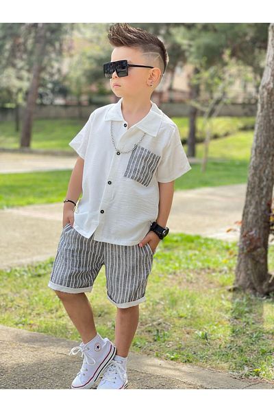 Yalçınoğlu Kids Летен костюм за момче - комбинация от риза + къси панталони - Готин летен костюм за момче - Гъвкава материя -