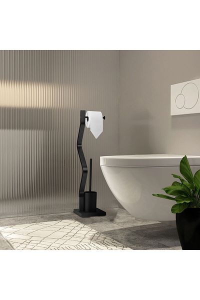 Relaxdays Toilet paper holder with toilet brush 2 in 1, MDF/steel, 75 x 18.5 x 18.5 cm, black