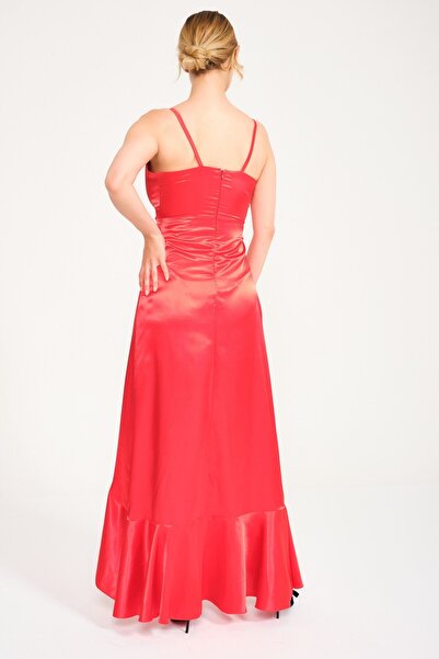 Abiye Sarayı Kırmızı Ip Askılı Yandan Volanlı Uzun Saten Elbise
