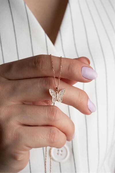 Silvano Jewelry 925 Ayar Rose Kelebek Gümüş Kolye