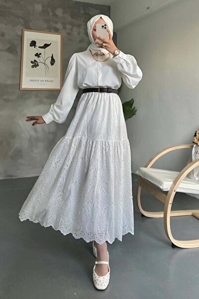 benguen İncili Brode Etek Beyaz 1395