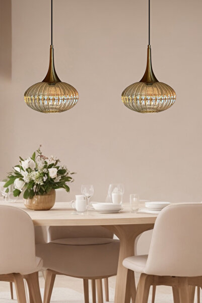 Bamyum Elegant Cam Bal Rengi İkili Avize Eskitme Külah Başlık Sarkıt Lamba Restoran Salon Aydınlatma