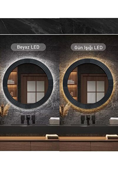 MONTESEV Led'li Işıklı Safir Ahşap Siyah Dekoratif Ayna Yuvarlak Ayna Işlemeli Duvar Aynası Tekli - 56 Cm