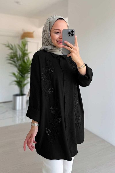 Ka Hijab Cămașă cu mărgele trandafiri - neagră