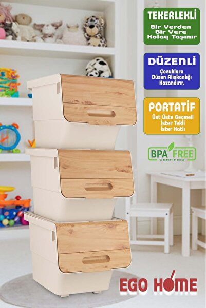 ego home 3lü Tekerlekli Oyuncak Düzenleme Dolabı Kapaklı Saklama Kutusu Oyuncak Sepeti Çok Amaçlı Mote 36 Lt