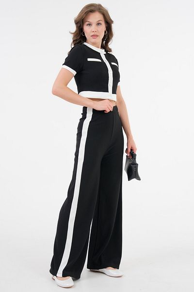 Saade Black Stripe Detailed Snap Crop Blouse - Elastic Waist Trousers Ribbed Knitted Set