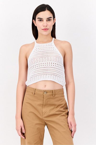 Don't Call Me Jennyfer Women Halter Neck Sleeveless Eyelet Tank Top, White