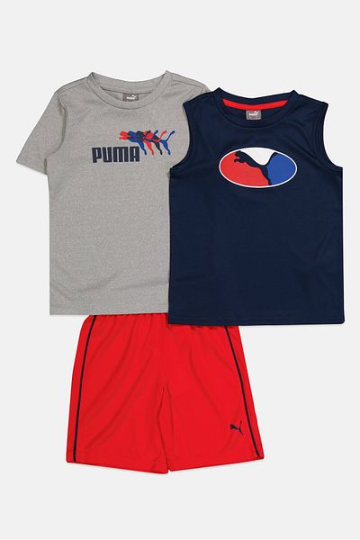 Puma Kids Boy 3pcs Brand Logo Top And Pull Shorts Set, Grey/navy Blue/red