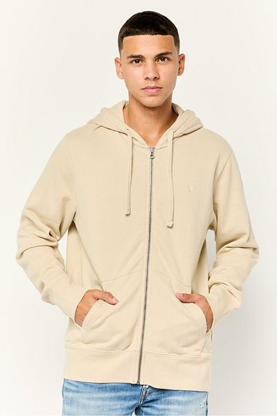AMERICAN EAGLE Men Brand Logo Long Sleeve Hoodie, Beige