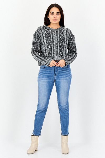 Don't Call Me Jennyfer Women Ribbed Collar Crochet Sweater, Middle Grey