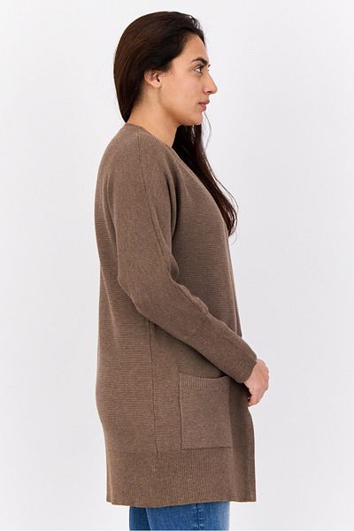 PİNK ROSE Women Split Neck Textured Cardigan, Mocha
