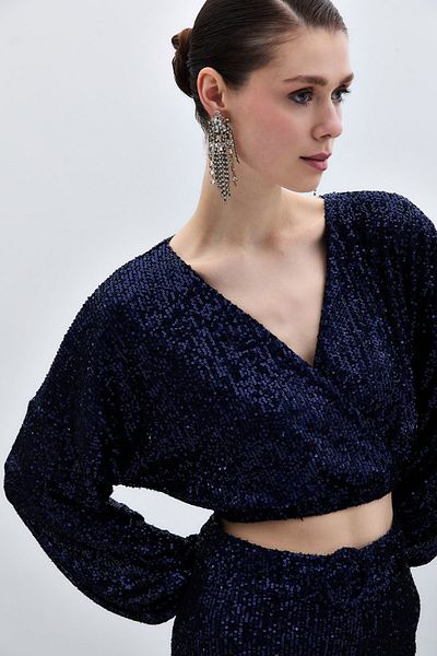 Sateen DARK BLUE Sequined Double Breasted Blouse