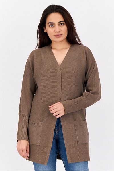 PİNK ROSE Women Split Neck Textured Cardigan, Mocha
