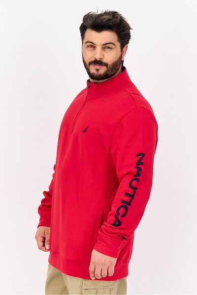 Nautica Men Mock Neck Long Sleeve Brand Logo Half Zip Sweatshirt, Red/navy