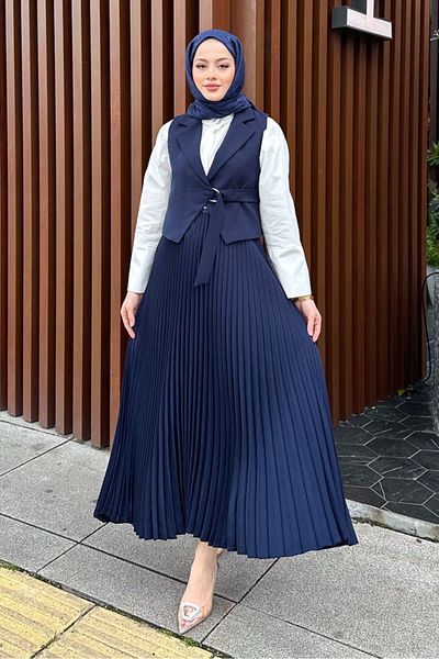 Ovn. Vest Skirt Pleated Suit - Navy Blue