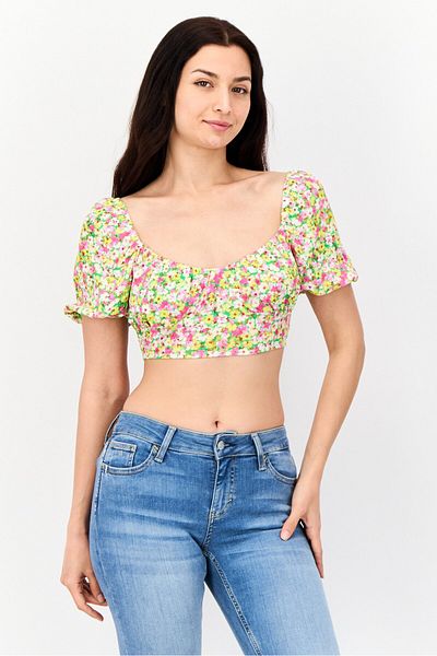 DeFacto Women Scoop Neck Short Sleeve Floral Print Top, Multicolor