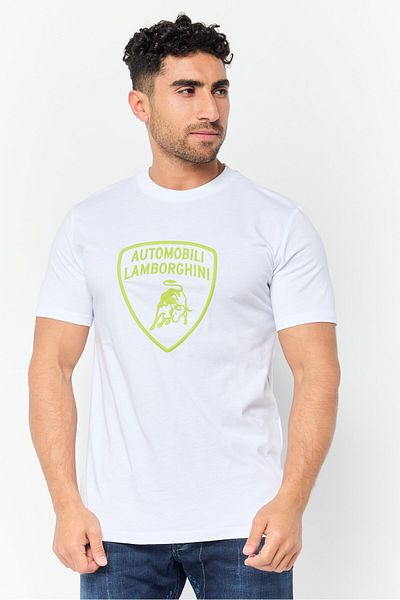 Lamborghini Men Crew Neck Short Sleeve Brand Logo T-shirt, White