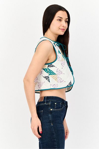 Reclaimed Vintage Women Tie Neck Sleeveless Allover Print Quilted Gilet Top, Off White