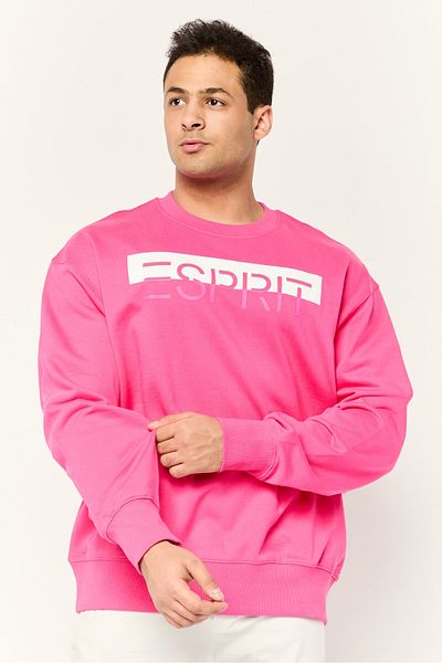 Esprit Men Ribbed Collar Long Sleeves Brand Logo Sweatshirts, Dark Pink