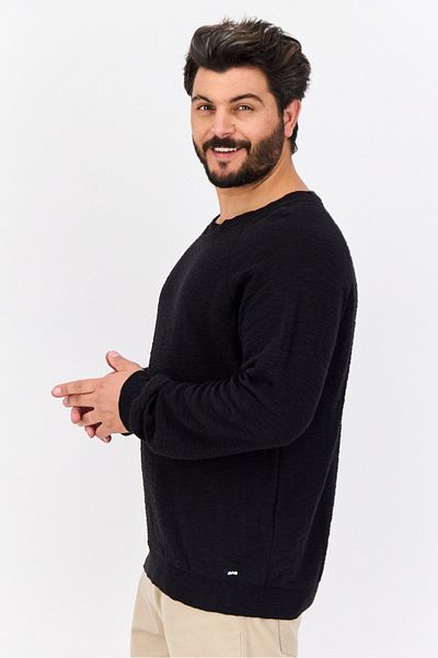 GAS Men Crew Neck Textured Long Sleeves Sweater, Black