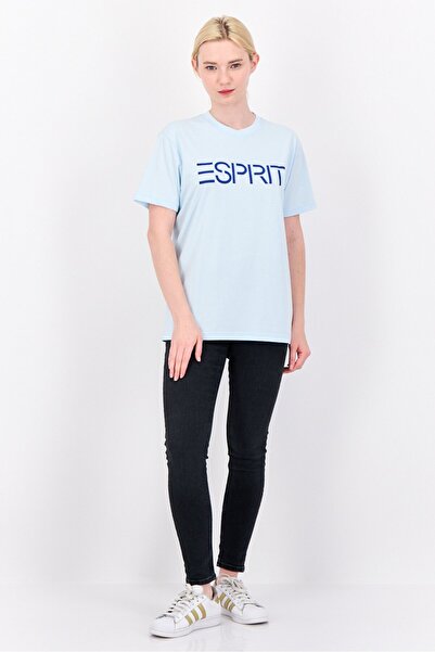 Esprit Women Crew Neck Brand Logo Short Sleeves T-shirt, Light Blue