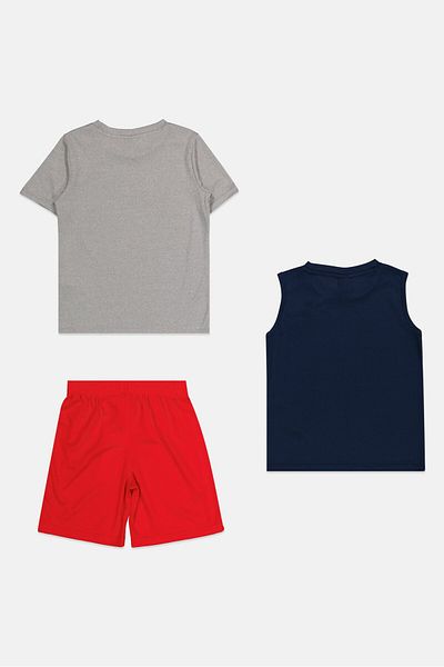 Puma Kids Boy 3pcs Brand Logo Top And Pull Shorts Set, Grey/navy Blue/red