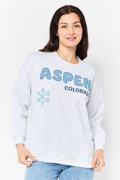 No Comment Women Crew Neck Long Sleeves Embellished Sweatshirt, Grey