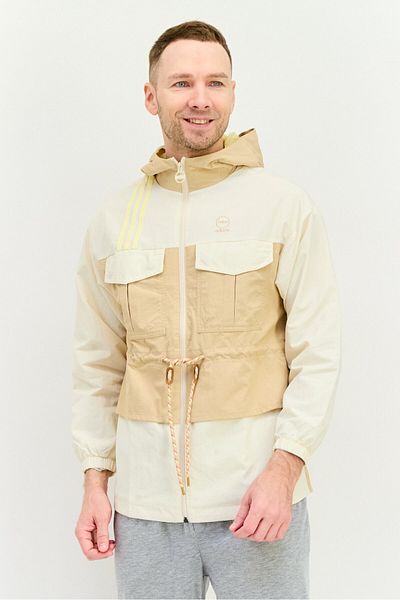 adidas Men Spotswear Fit Long Sleeve Hooded Outdoor Jacket, Beige